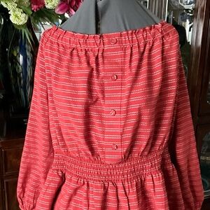 Red Peasant Boho Dress with Subtle Stripe Dots
